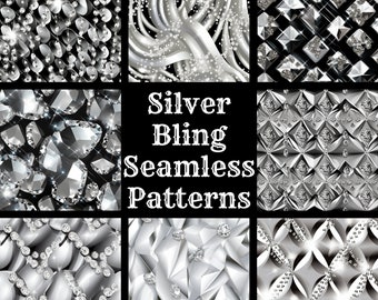 May include: A set of 50 silver bling seamless patterns. The patterns feature various designs of diamonds, geometric shapes, and swirls. The text "Silver Bling Seamless Patterns" is displayed in the centre of the image.