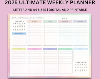 May include: A printable weekly planner for 2025 with a pastel color scheme. The planner includes a monthly calendar, weekly to-do list, and notes section. The planner is available in letter and A4 sizes.