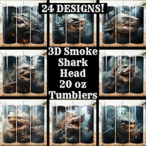 3D Smoke Shark Head Tumbler Wrap Bundle 24 Pack 20 oz Skinny Tumbler Sublimation Designs Straight Tapered Tumbler PNG, Instant Download