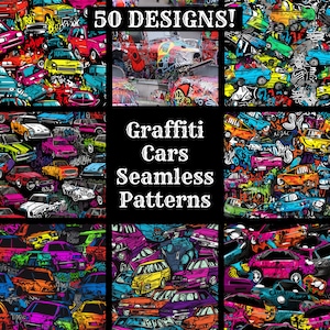Op de afbeelding: Een digitale collage van negen naadloze patronen met kleurrijke graffiti-auto's. De patronen zijn gerangschikt in een 3x3-rooster met de tekst "Graffiti Cars Seamless Patterns" in het midden.