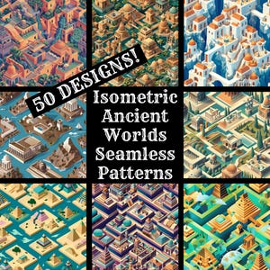 Op de afbeelding: 50 Designs! Isometrische naadloze patronen van oude werelden. Een verzameling van negen kleurrijke, isometrische patronen met oude architectuur, gebouwen en landschappen.