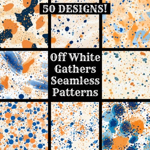 Può includere: Un set di 50 motivi senza cuciture color crema con disegni di vernice a spruzzo blu e arancio. Il testo "Off White Gathers Seamless Patterns" è al centro dell'immagine.