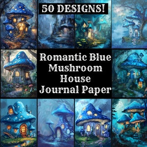 Carta per diario della casa dei funghi blu romantica, carta stampabile della casa dei funghi blu romantica, forniture per diari della casa vintage, inserti per diari