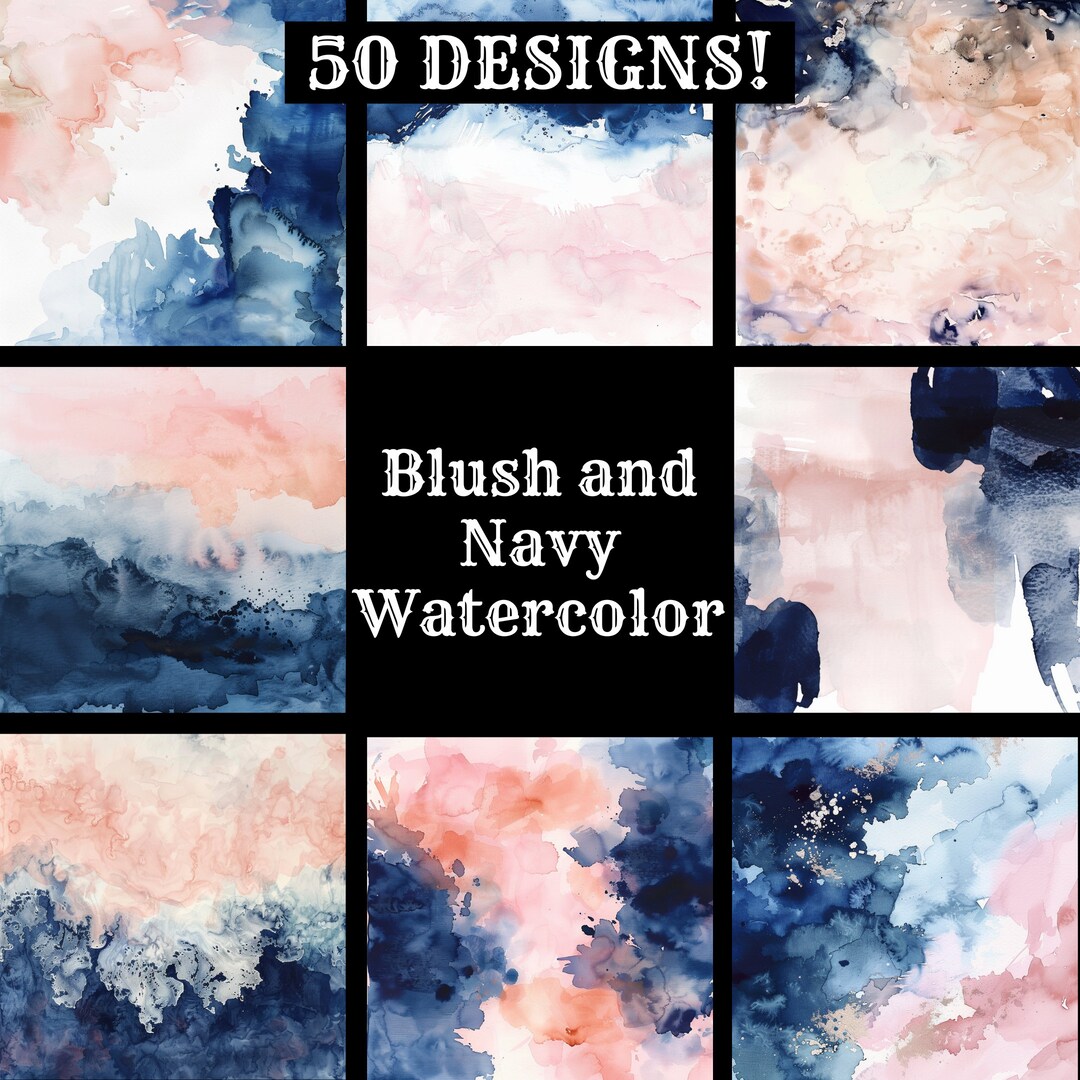 Blush & Navy Watercolor Digital Paper: 50 PNG Designs (digital Download ...