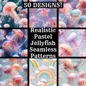 May include: A collage of 50 seamless patterns featuring realistic pastel jellyfish. The patterns are perfect for creating unique and whimsical designs for fabric, wallpaper, and other creative projects.  "Realistic Pastel Jellyfish Seamless Patterns" is written in bold white text on a black background.