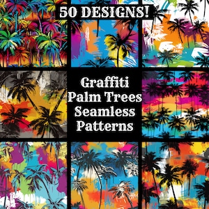 Puede incluir: 50 patrones sin costuras con palmeras con un diseño de estilo graffiti. Los patrones son en colores brillantes como azul, verde, naranja, amarillo y rosa.