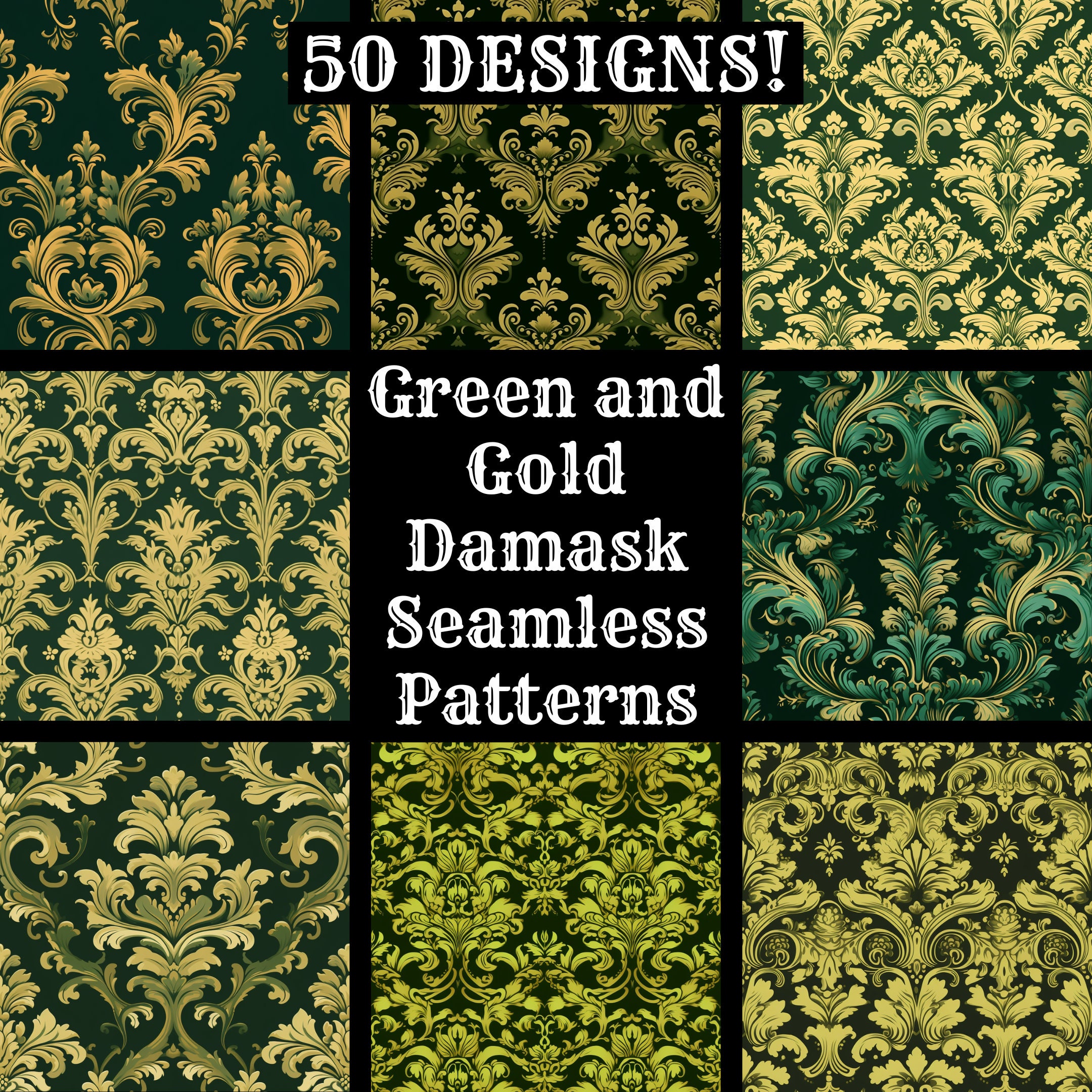 Green & Gold Damask Patterns: 50 Seamless Digital Papers (digital ...
