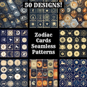 Cartões do zodíaco em papel digital sem costura, texturas sem costura de papel para scrapbook para impressão, download instantâneo digital padrão de cartões do zodíaco sem costura