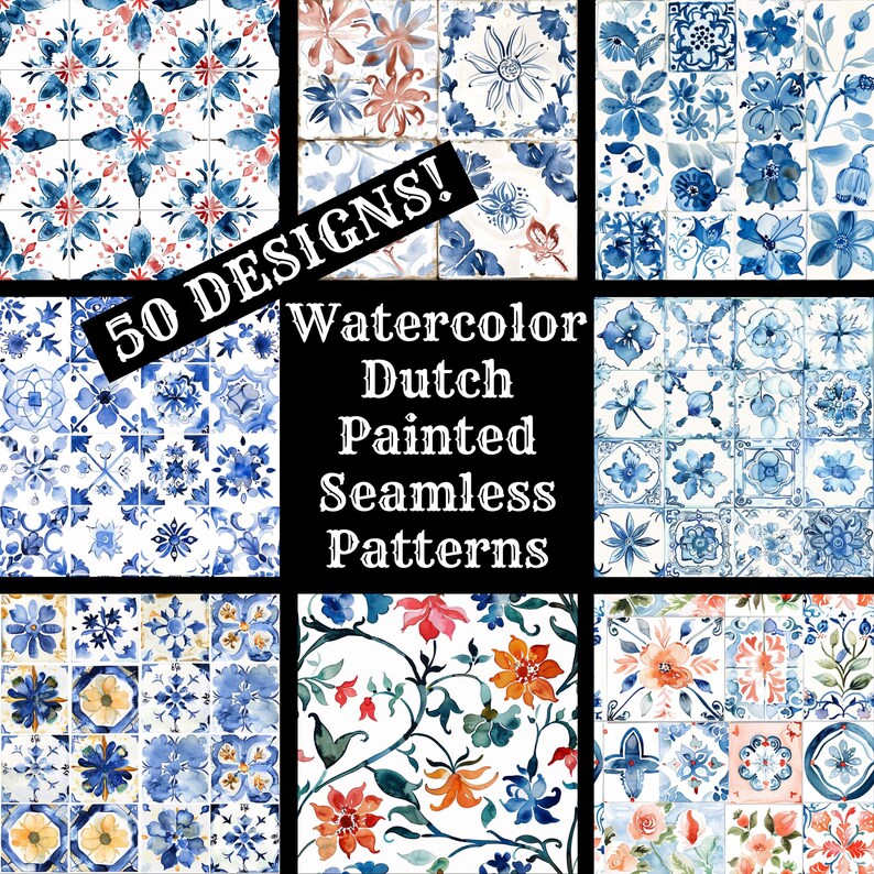 Watercolor Dutch Tile Seamless Paper: Floral Pngs (digital Download) - Etsy