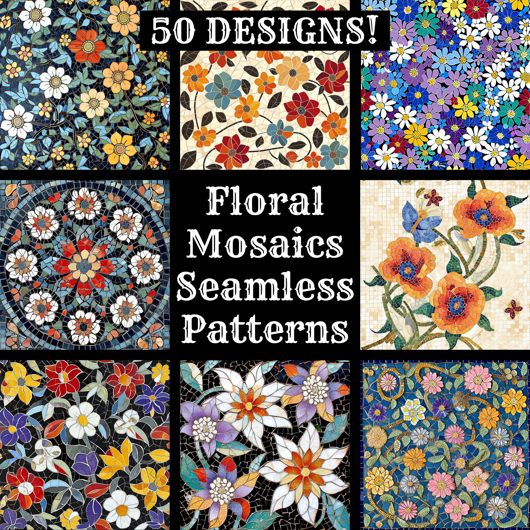 Floral Mosaic Seamless Patterns: 50 PNG Digital Papers (digital ...