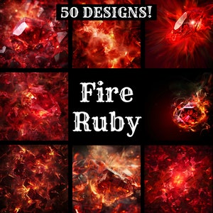 May include: 50 designs of fiery red ruby gemstone textures. The text "Fire Ruby" is in the center of the image.