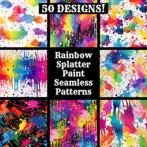 Papel digital sem costura de pintura de respingos de arco-íris, papel de scrapbook para impressão de tinta de respingos de arco-íris, texturas sem costura, download instantâneo digital
