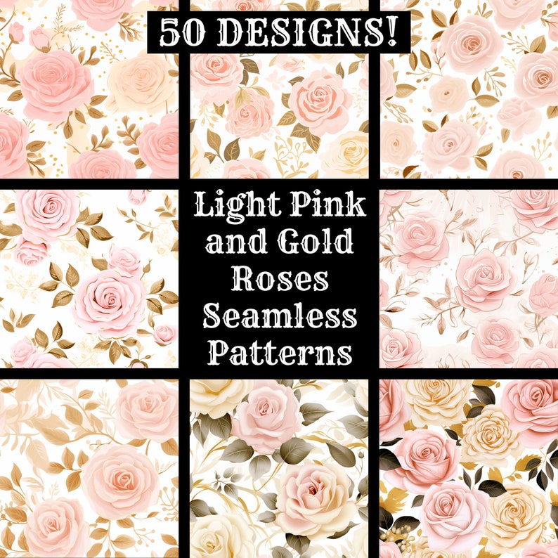 Light Pink and Gold Roses Seamless Digital Paper, Printable Scrapbook ...