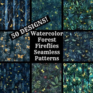 Puede incluir: Un collage de nueve patrones de acuarela con luciérnagas, hojas y árboles en tonos azules, verdes y amarillos. El texto "50 DESIGNS! Watercolor Forest Fireflies Seamless Patterns" está superpuesto a la imagen.