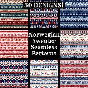 Op de afbeelding: 50 Designs! Noorse trui naadloze patronen. Een verzameling van negen verschillende naadloze patronen met traditionele Noorse trui-ontwerpen in rood, blauw en wit.