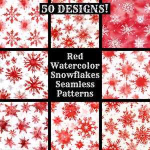 May include: 50 red watercolour snowflake seamless patterns. The patterns feature various snowflake designs on a white background with some patterns having a red background.