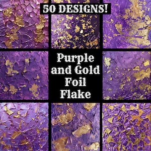 May include: A collage of nine images showing different designs of purple and gold foil flake. The text "50 DESIGNS!" and "Purple and Gold Foil Flake" is included in the image.