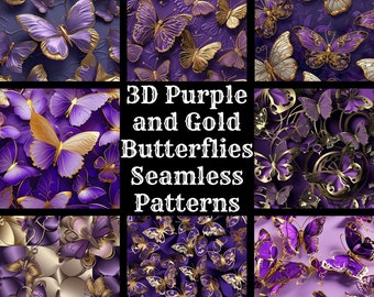 May include: 50 seamless patterns featuring 3D purple and gold butterflies. The patterns are perfect for crafting, scrapbooking, and other creative projects.