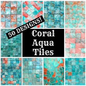 a collage of coral aqua tiles with the words 50 designs