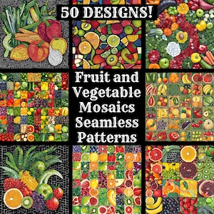 Papel digital sin costuras con mosaicos de frutas y verduras, papel para álbumes de recortes imprimible, texturas sin costuras, mosaicos de frutas con descarga digital instantánea