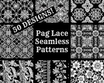 May include: A collection of 50 black and white seamless patterns featuring intricate lace designs. The patterns are labeled "Pag Lace Seamless Patterns".