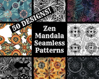Zen Mandala Seamless Pattern: 50 PNG Digital Papers (Digital Download)