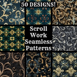 May include: A collection of 50 scroll work seamless patterns in various colors and designs. The patterns feature intricate floral motifs and swirls. The text "Scroll Work Seamless Patterns" is displayed in the center of the image.