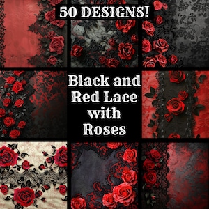 Papier dentelle noire et rouge avec roses, papier imprimable dentelle noire et roses, fournitures de journal dentelle noire et rouge avec roses, intercalaires de journal
