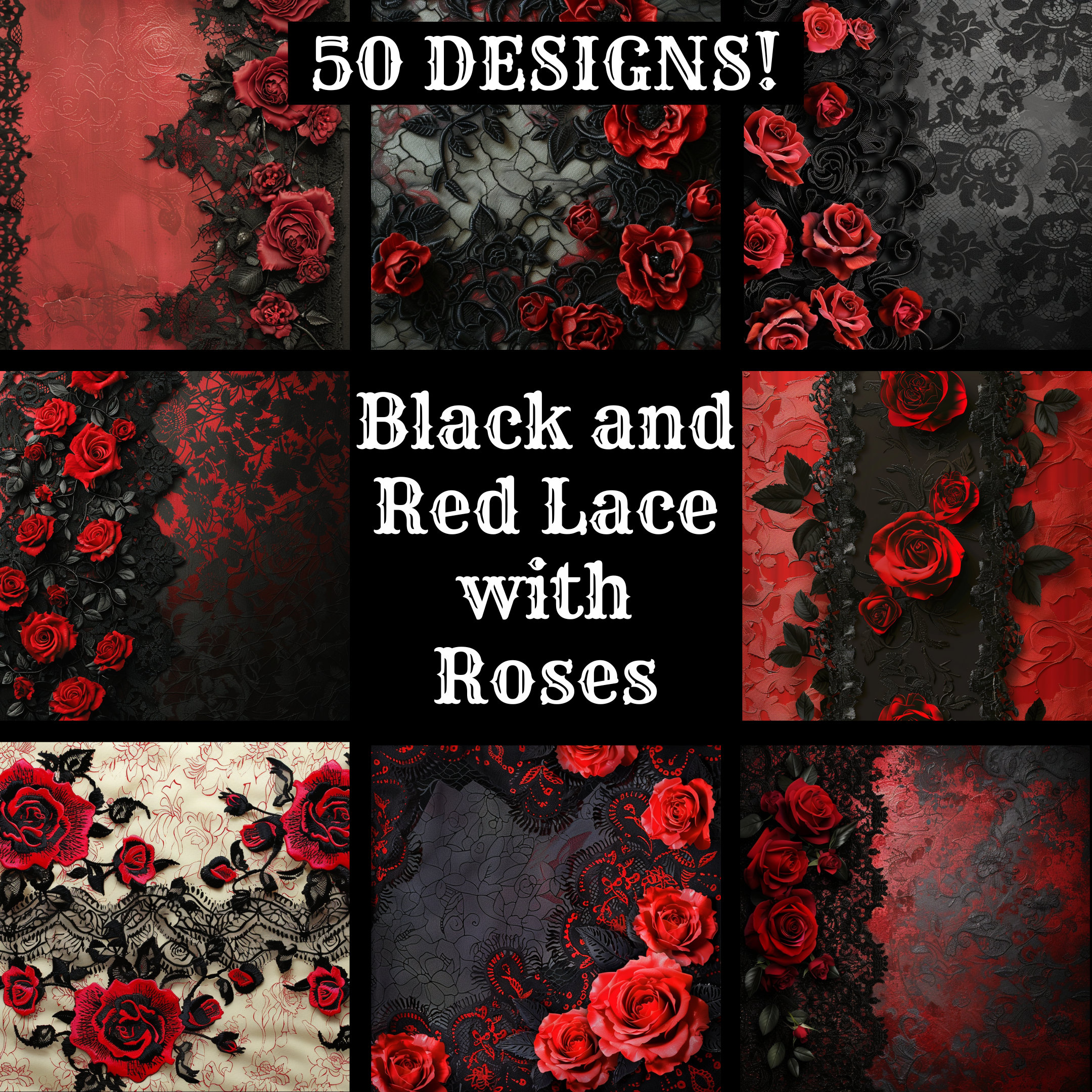 Black and Red Lace with Roses Paper, Black Lace and Roses Printable Paper, Black and Red Lace with Roses Journal Supplies, Journal Inserts