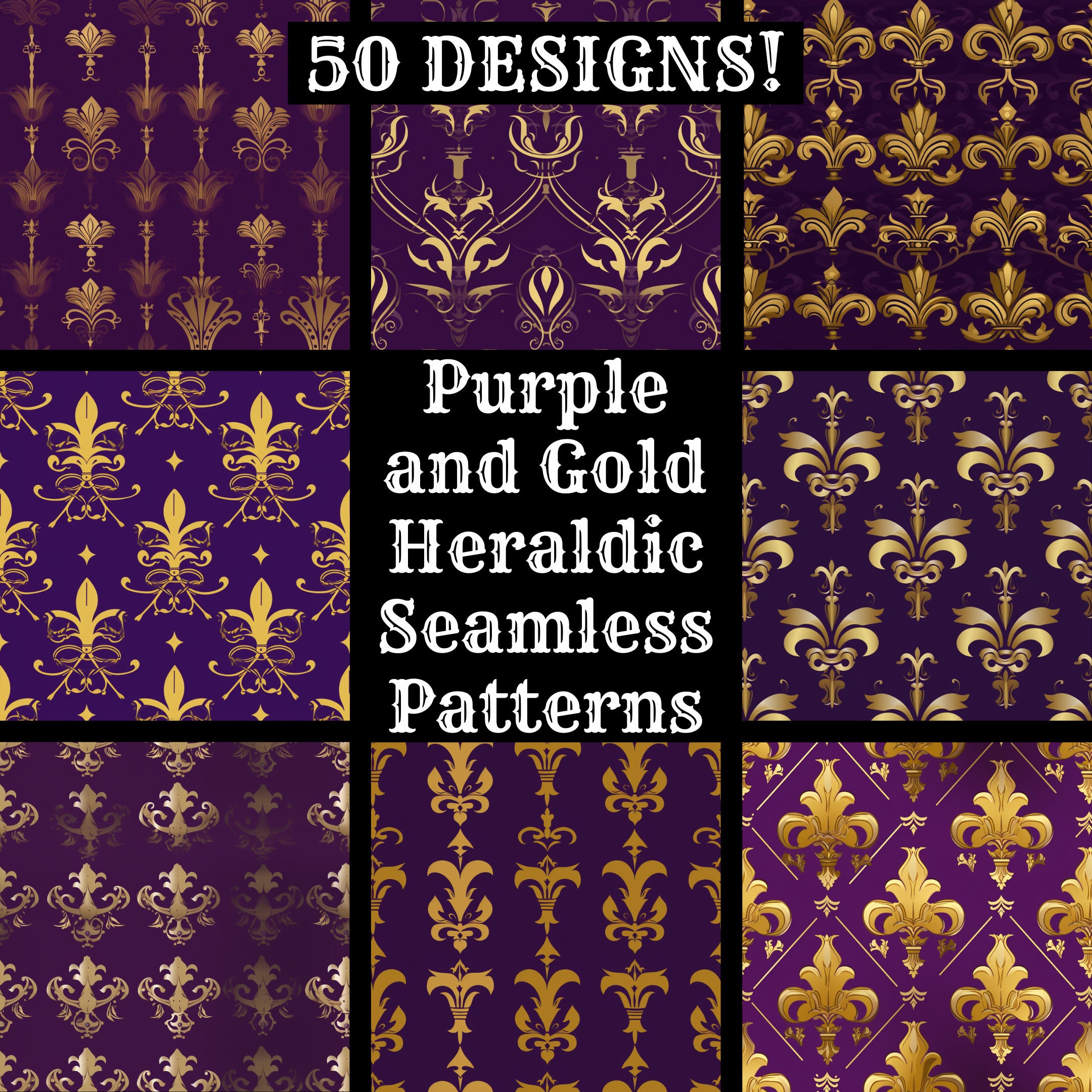 Purple and Gold Heraldic Seamless Patterns: Scrapbook Paper (digital ...
