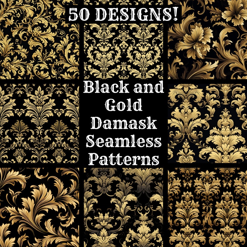 Black and Gold Damask Seamless Digital Paper, Printable Scrapbook Paper ...