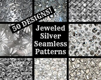 May include: A collage of nine silver and white seamless patterns featuring various jewel-like designs. The text "50 DESIGNS!" and "Jeweled Silver Seamless Patterns" is displayed in the centre of the image.
