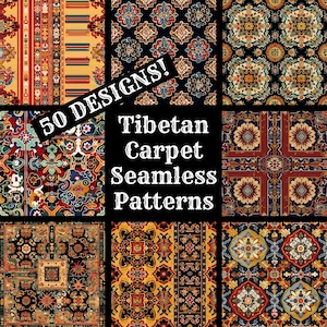 Puede incluir: Una colección de 50 patrones sin costuras de alfombras tibetanas. Los patrones son coloridos e intrincados, con formas geométricas y motivos florales. El texto "50 DESIGNS! Tibetan Carpet Seamless Patterns" se muestra en el centro de la imagen.