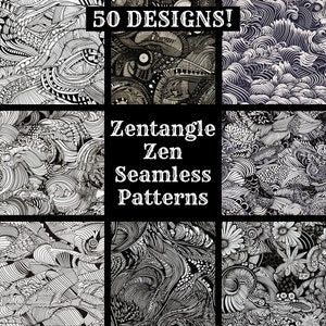 May include: A set of nine black and white Zentangle Zen seamless patterns. The patterns are intricate and detailed, featuring a variety of shapes and lines. The text "Zentangle Zen Seamless Patterns" is displayed in the center of the image.