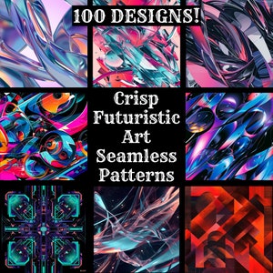 Op de afbeelding: Een collage van zes kleurrijke, abstracte, futuristische kunstpatronen. De tekst "Crisp Futuristic Art Seamless Patterns" staat in het midden van de collage.