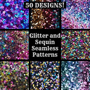 May include: A collage of nine images showcasing 50 different glitter and sequin seamless patterns. The patterns feature various colors, shapes, and sizes of glitter and sequins, including circles, stars, and other geometric shapes.