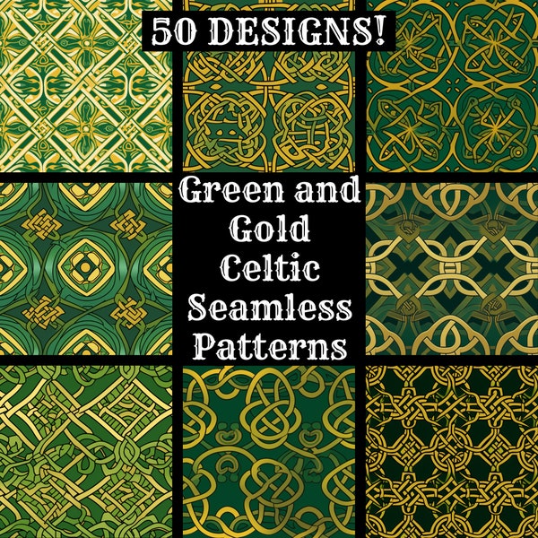 Green and Gold Celtic Seamless Digital Paper, Printable Scrapbook Paper Seamless Textures, Digital Instant Download Green Celtic Background