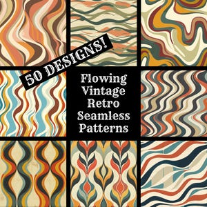 Pode incluir: Um conjunto de 9 padrões retro sem costura que apresentam linhas onduladas e fluidas em várias cores, incluindo laranja, azul, verde e marrom. O texto "50 DESIGNS!" e "Flowing Vintage Retro Seamless Patterns" é exibido em um fundo preto.
