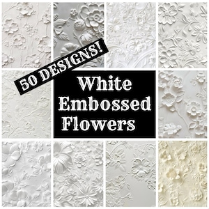 Papel de diário com flores brancas em relevo, papel para impressão com flores brancas em relevo, suprimentos para diário vintage, encartes para diário