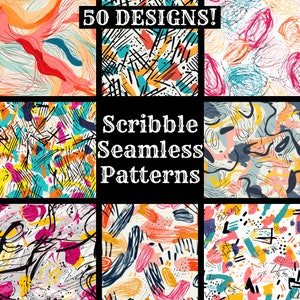 May include: A set of 50 colorful, abstract, scribble seamless patterns. The patterns are made up of lines, dots, and shapes in various colors, including yellow, blue, red, pink, and black.