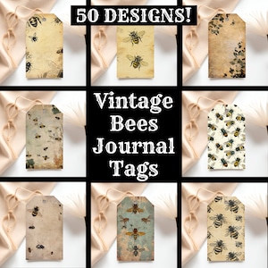 May include: A collage of nine vintage-style bee journal tags. The tags are all different designs, featuring bees, flowers, and other nature-inspired elements. The tags are perfect for adding a touch of vintage charm to your journals, scrapbooks, and other craft projects. 50 Designs!