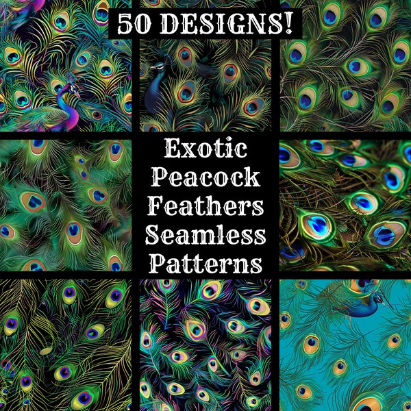 Exotic Peacock Feathers Seamless Digital Paper, Printable Scrapbook Paper Seamless Textures, Digital Instant Download Exotic Feathers