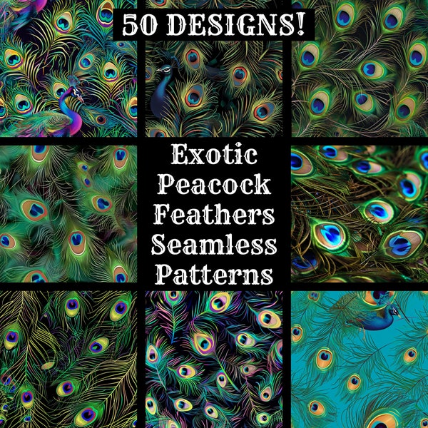 Exotic Peacock Feathers Seamless Patterns: Digital Scrapbook Paper (Digital Download)