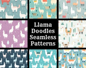 Puede incluir: Un conjunto de 50 patrones sin costuras de garabatos de llama. Los patrones presentan llamas en varias poses y colores, con diferentes fondos y diseños. El texto "Llama Doodles Seamless Patterns" se muestra en el centro de la imagen.