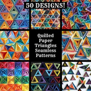 Könnte beinhalten: 50 Designs! Papiergewickelte Dreiecke nahtlose Muster. Eine Collage aus neun Bildern, die farbenfrohe, komplizierte Muster aus gewickelten Papierdreiecken zeigen.