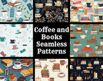 May include: 50 seamless patterns featuring coffee cups and stacks of books. The patterns are in various colors and styles, including blue, green, brown, and black. The text "Coffee and Books Seamless Patterns" is in the center of the image.