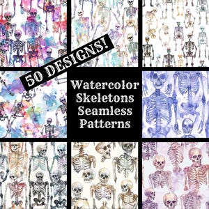 May include: 50 watercolor skeleton seamless patterns. The patterns feature skeletons in various poses with watercolour backgrounds in shades of blue, purple, pink, and yellow.