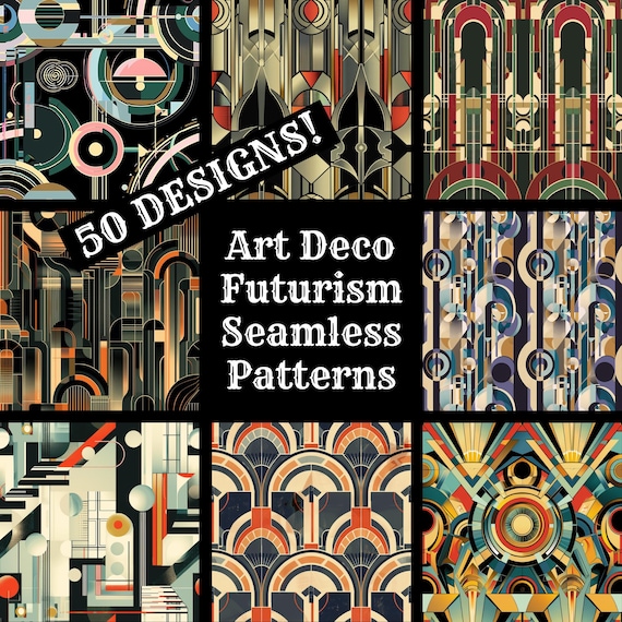 Art Deco Futurism Seamless Patterns: 50 PNG Digital Papers