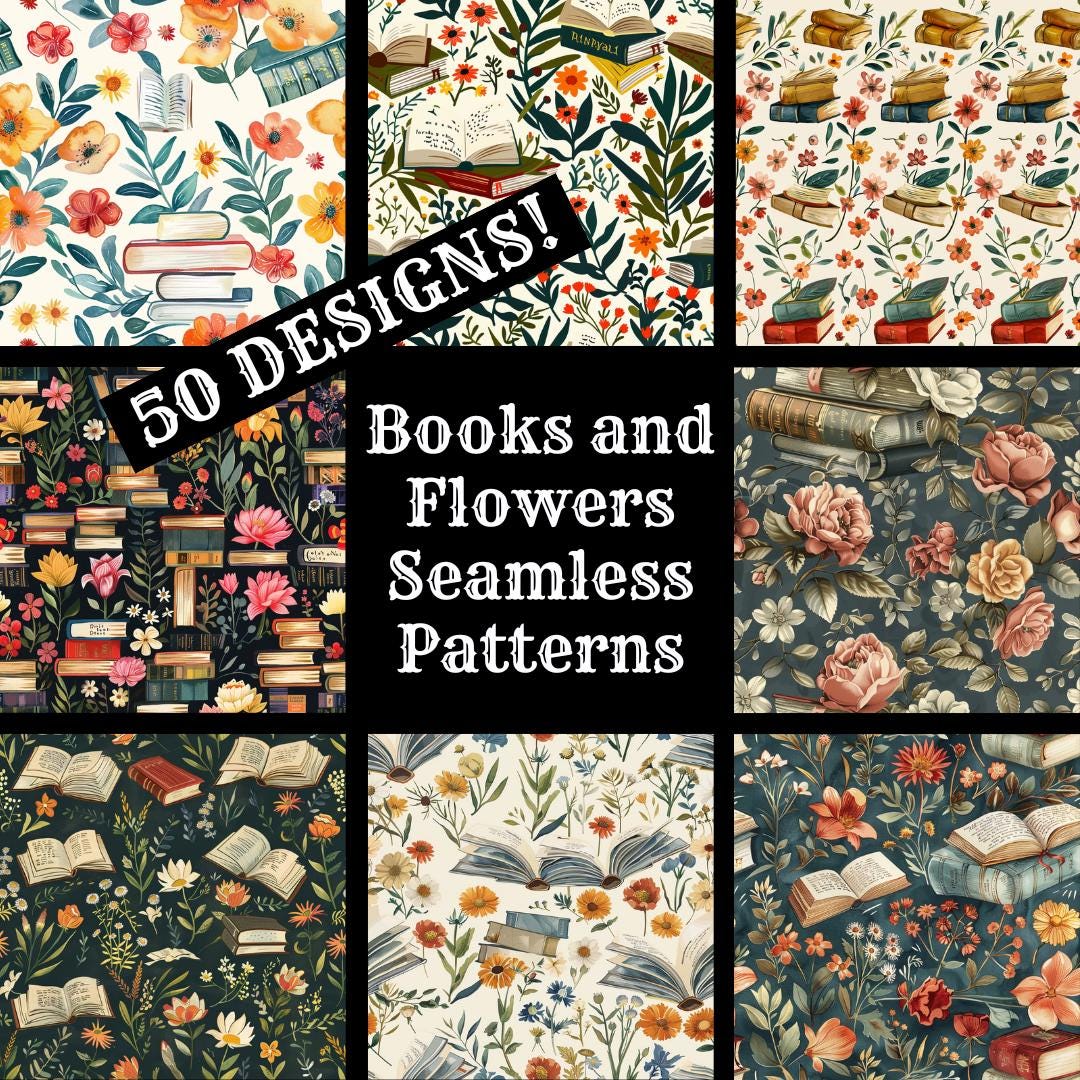 Books and Flowers Seamless Pattern: Scrapbook Paper (digital Download ...