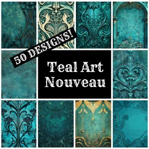 Teal Art Nouveau Journal Paper, Teal Art Nouveau Printable Paper, Vintage Journal Supplies, Journal Inserts